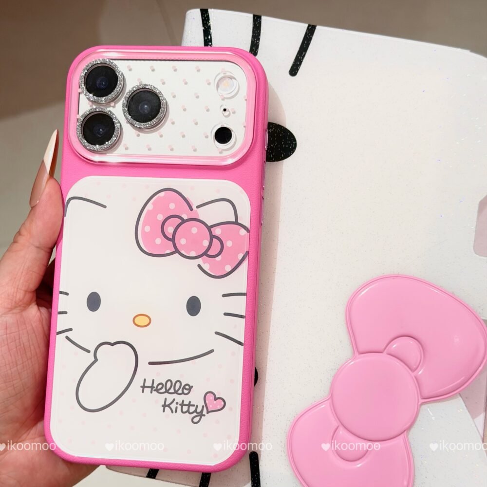 Kitty Pink Leather Phone Case with Glitter Camera Cover