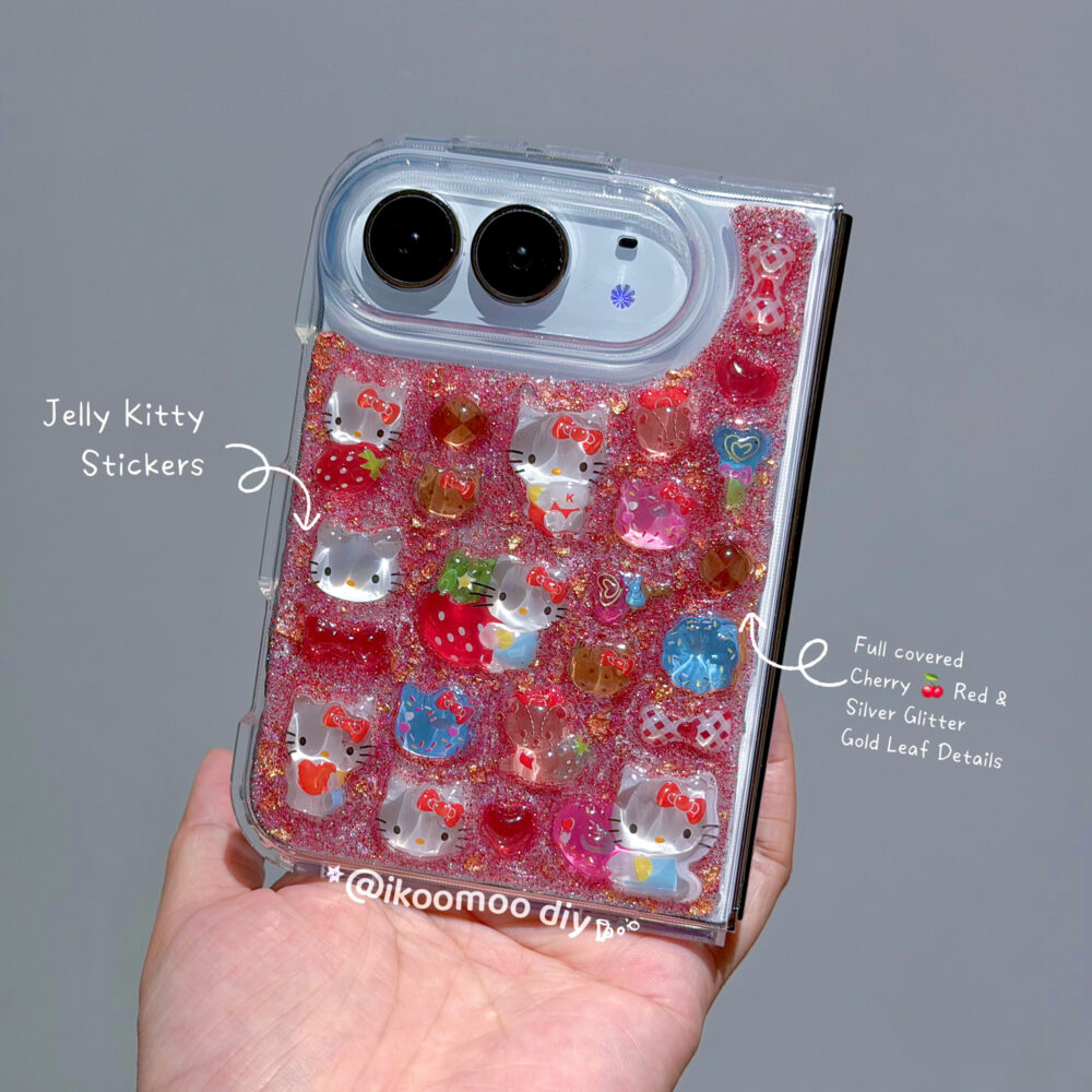 [Customs]Jelly Kitty Strawberry Red Glitters Resin iPhone Duo Case